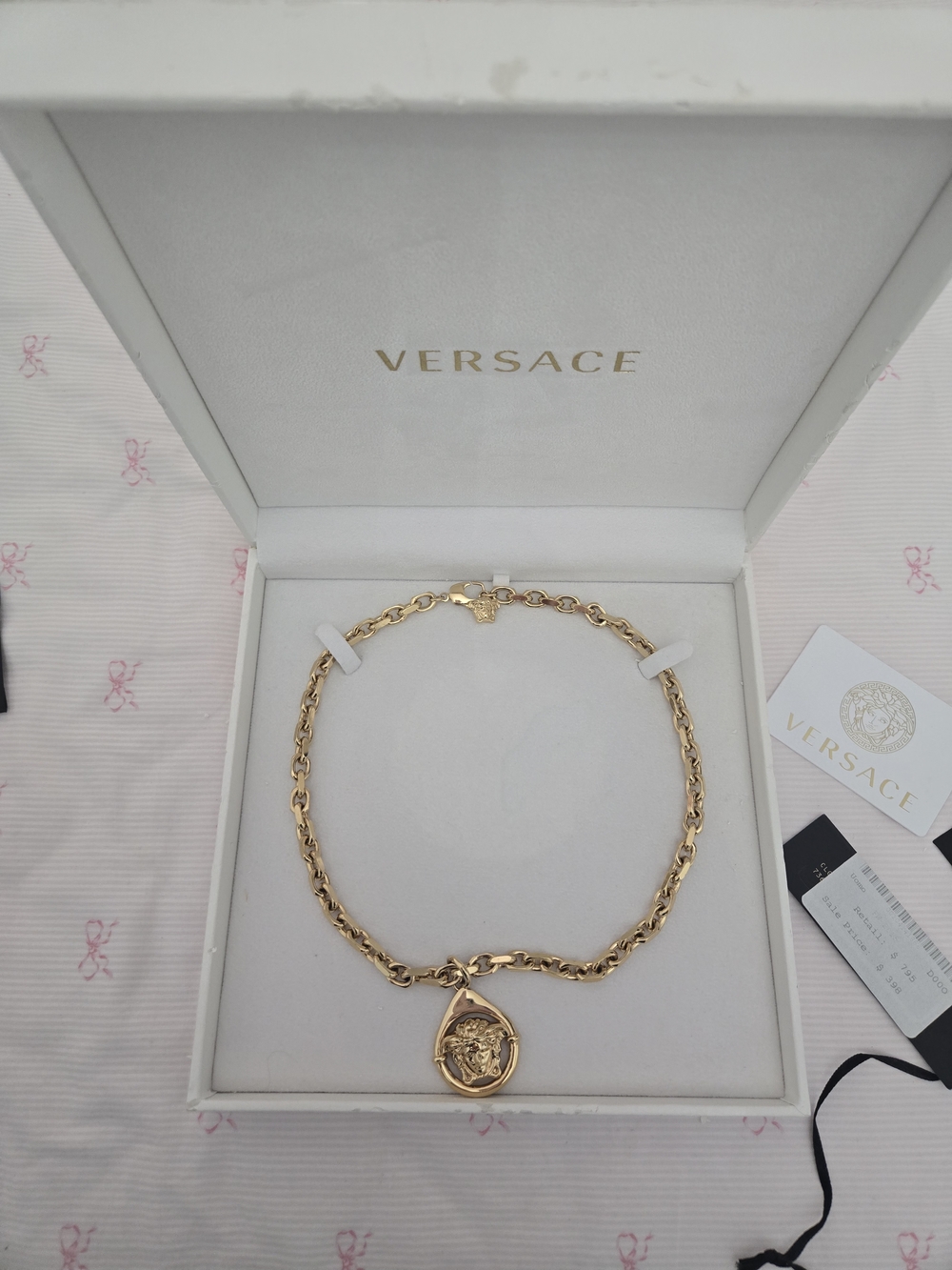 Versace Gold Medusa Teardrop Pendant Chain Necklace Authentic